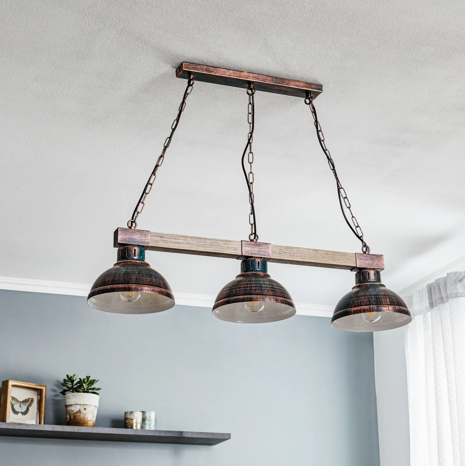 Lámpara colgante Hakon 3 luces marrón óxido/madera natural