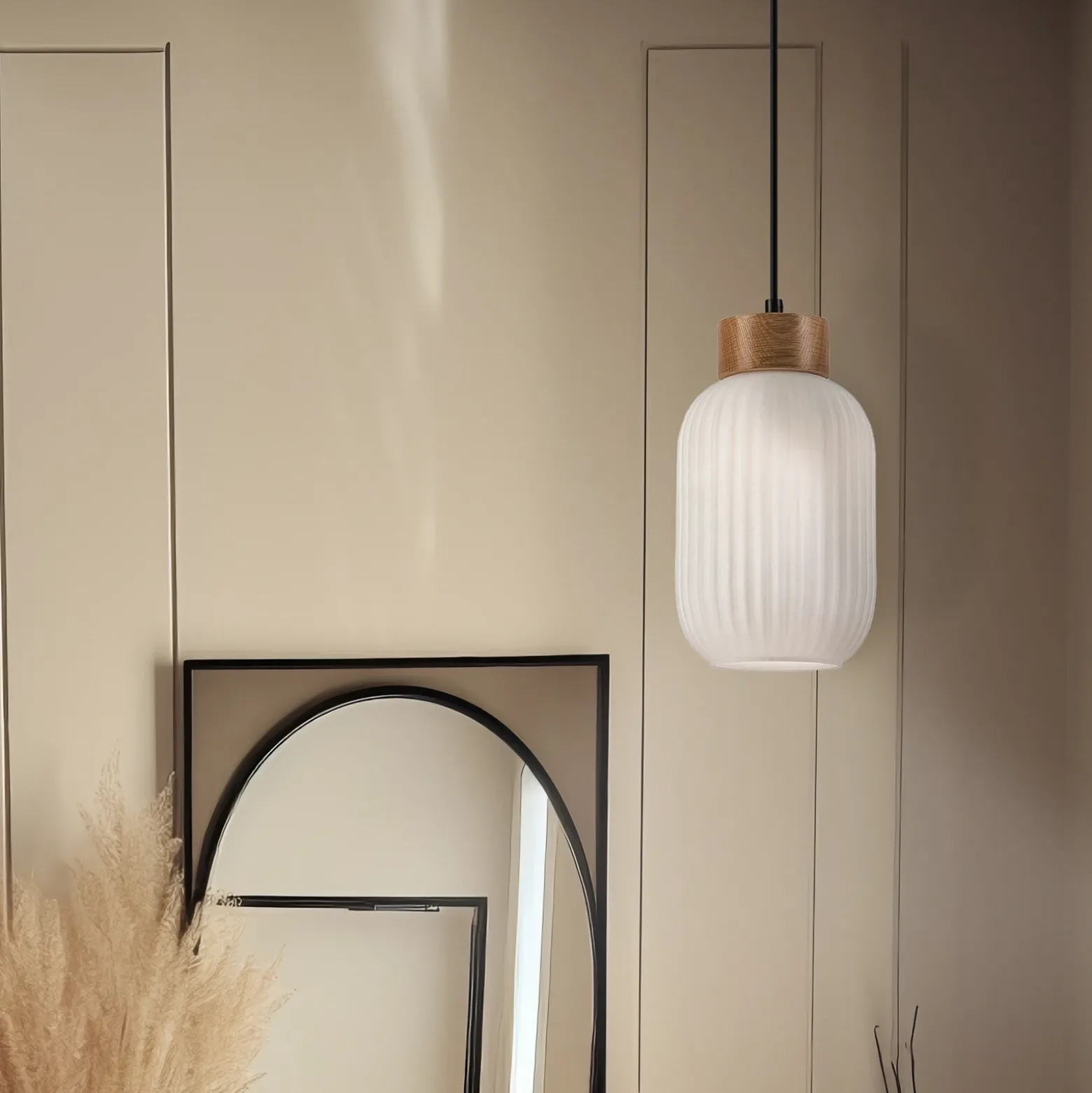 Lámpara colgante Harmony, Ø 14 cm, blanco/roble, cristal/madera