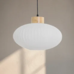 Lámpara colgante Harmony, Ø 25 cm, blanco/roble, cristal/madera