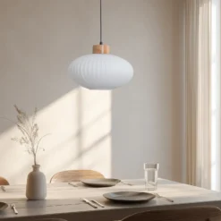 Lámpara colgante Harmony, Ø 25 cm, blanco/roble, cristal/madera