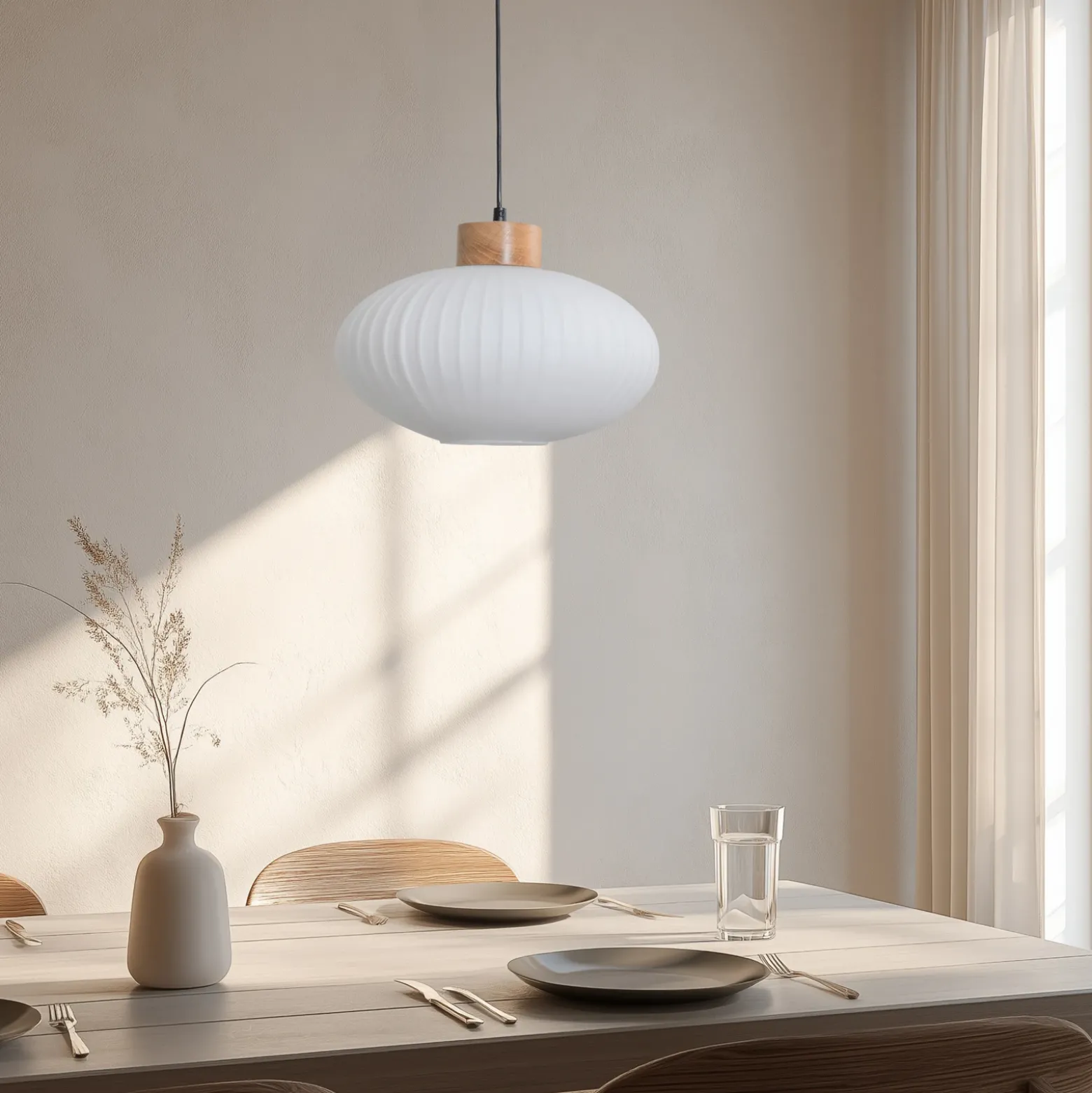 Lámpara colgante Harmony, Ø 25 cm, blanco/roble, cristal/madera