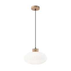 Lámpara colgante Harmony, Ø 25 cm, blanco/roble, cristal/madera