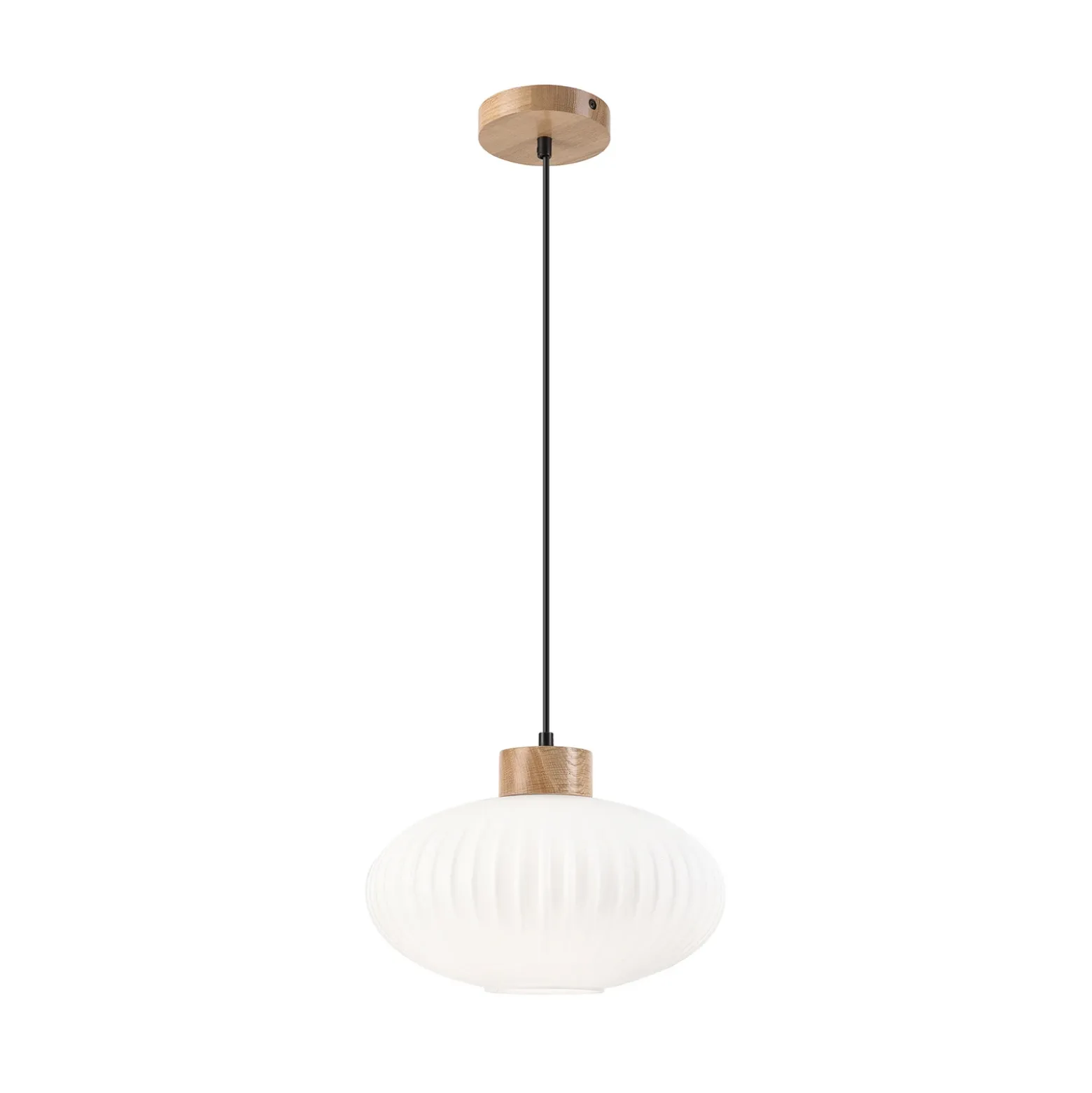 Lámpara colgante Harmony, Ø 25 cm, blanco/roble, cristal/madera