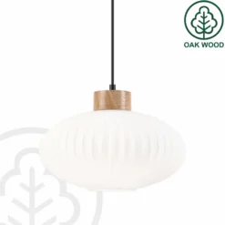 Lámpara colgante Harmony, Ø 25 cm, blanco/roble, cristal/madera