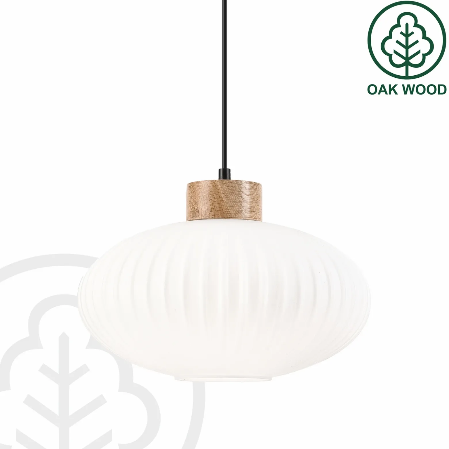 Lámpara colgante Harmony, Ø 25 cm, blanco/roble, cristal/madera