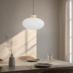 Lámpara colgante Harmony, Ø 25 cm, blanco/roble, cristal/madera