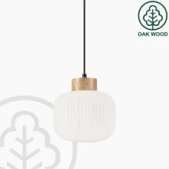 Lámpara colgante Harmony, Ø 20 cm, vidrio opalino, madera de roble, E27