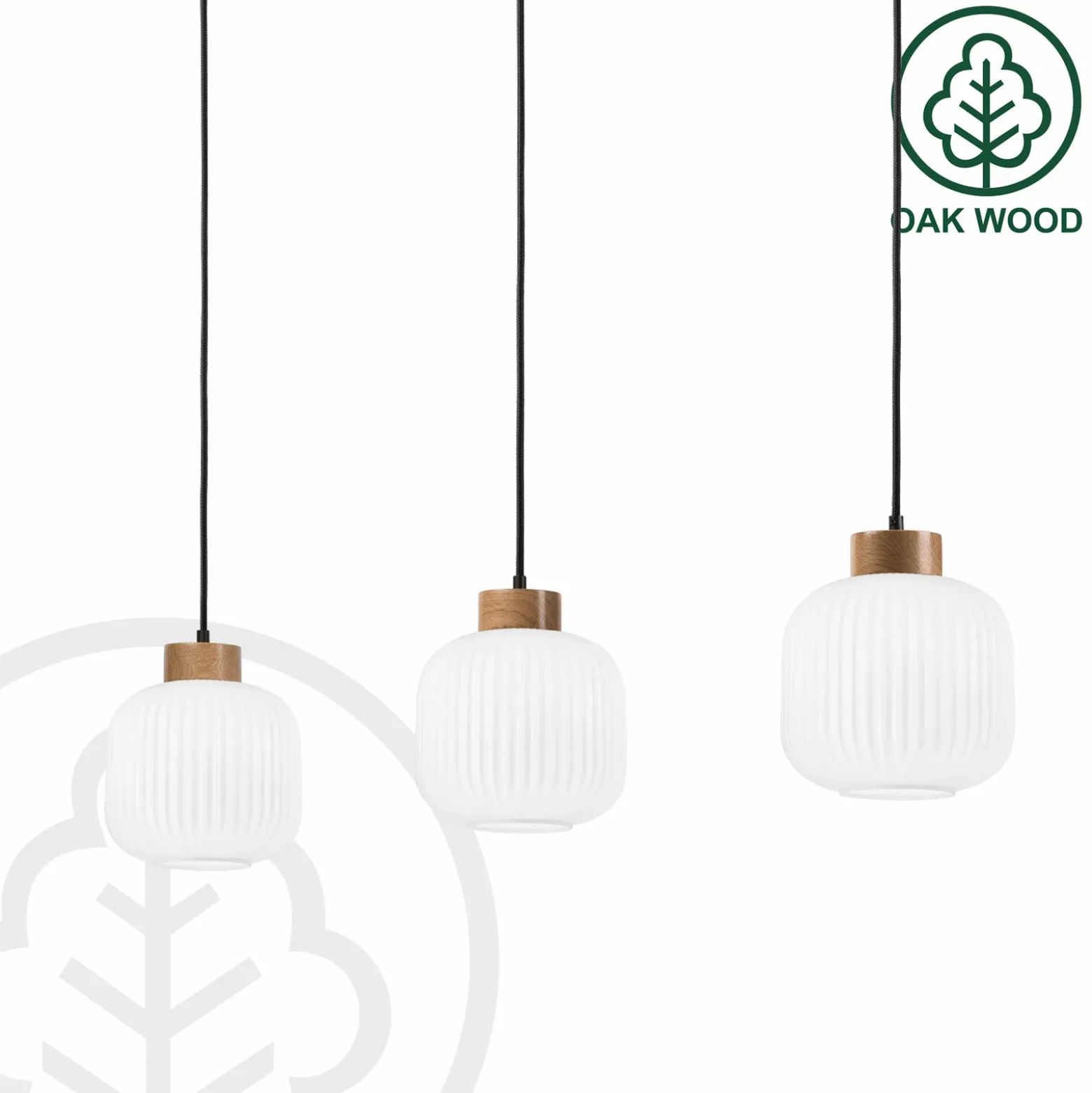 Lámpara colgante Harmony, longitud 110 cm, cristal opal, madera de roble, 3
