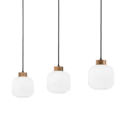 Lámpara colgante Harmony, longitud 110 cm, cristal opal, madera de roble, 3