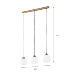 Lámpara colgante Harmony, longitud 110 cm, cristal opal, madera de roble, 3