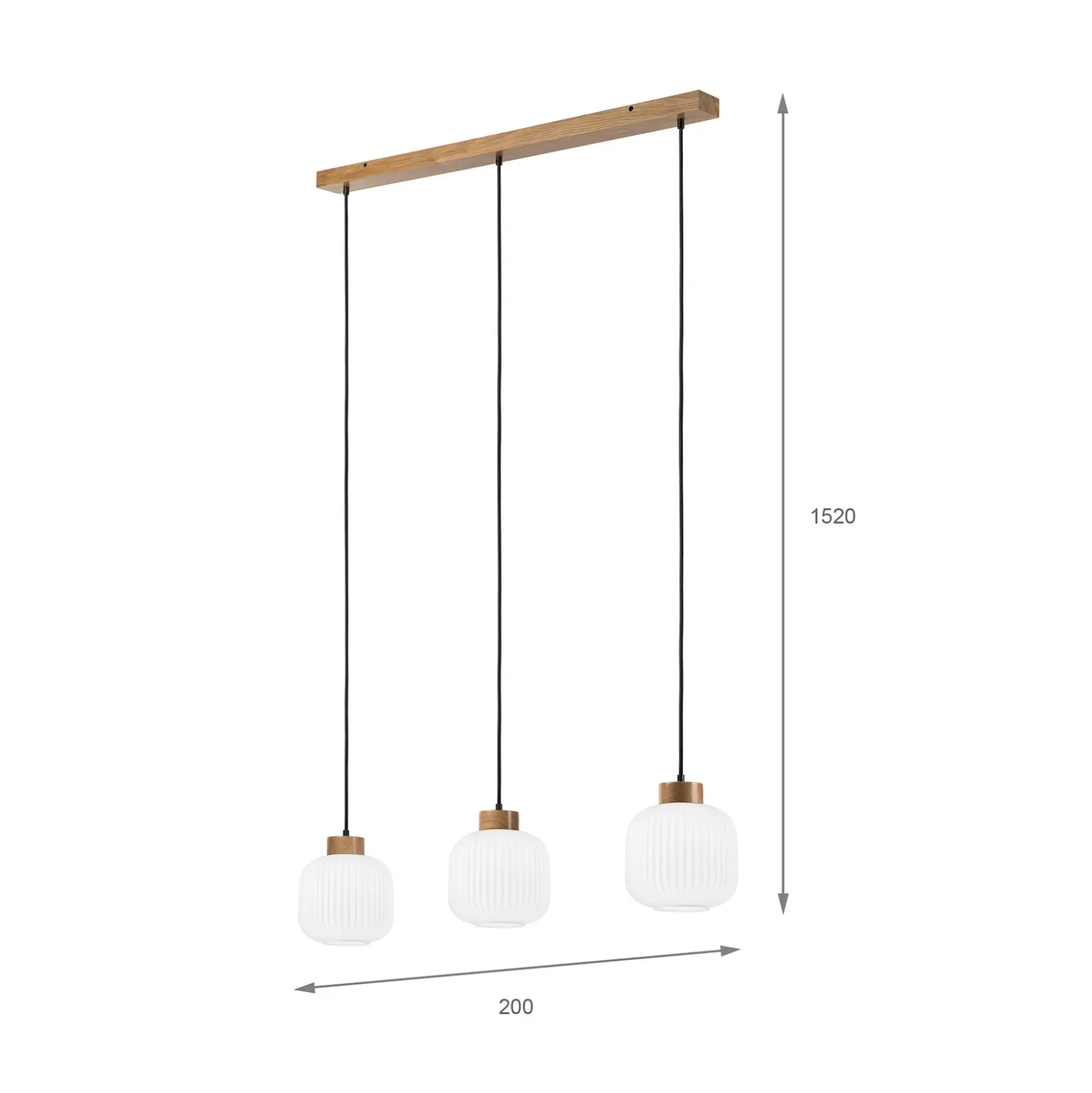 Lámpara colgante Harmony, longitud 110 cm, cristal opal, madera de roble, 3