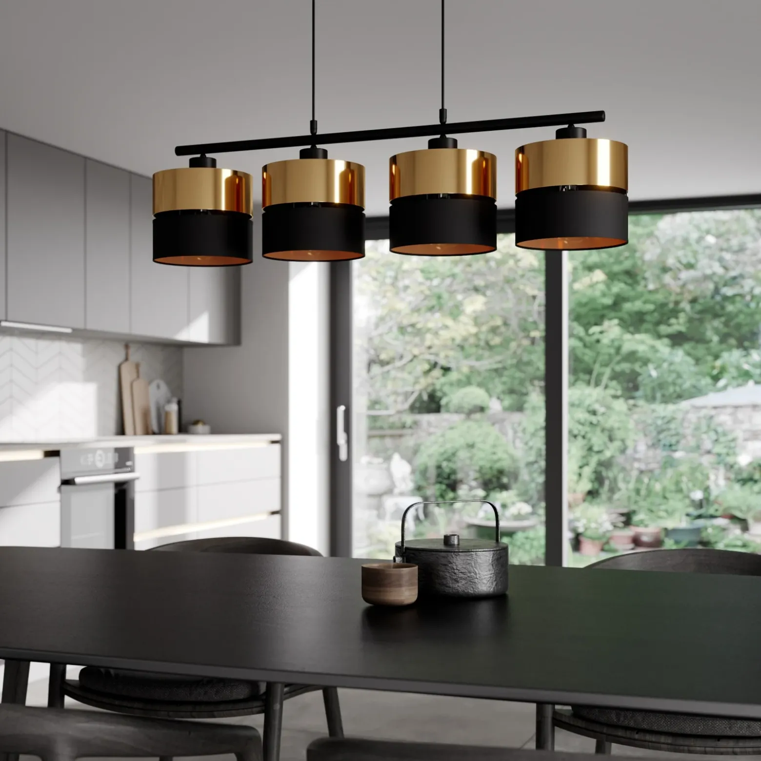 Lámpara colgante Hilton, negro/dorado, 4 luces
