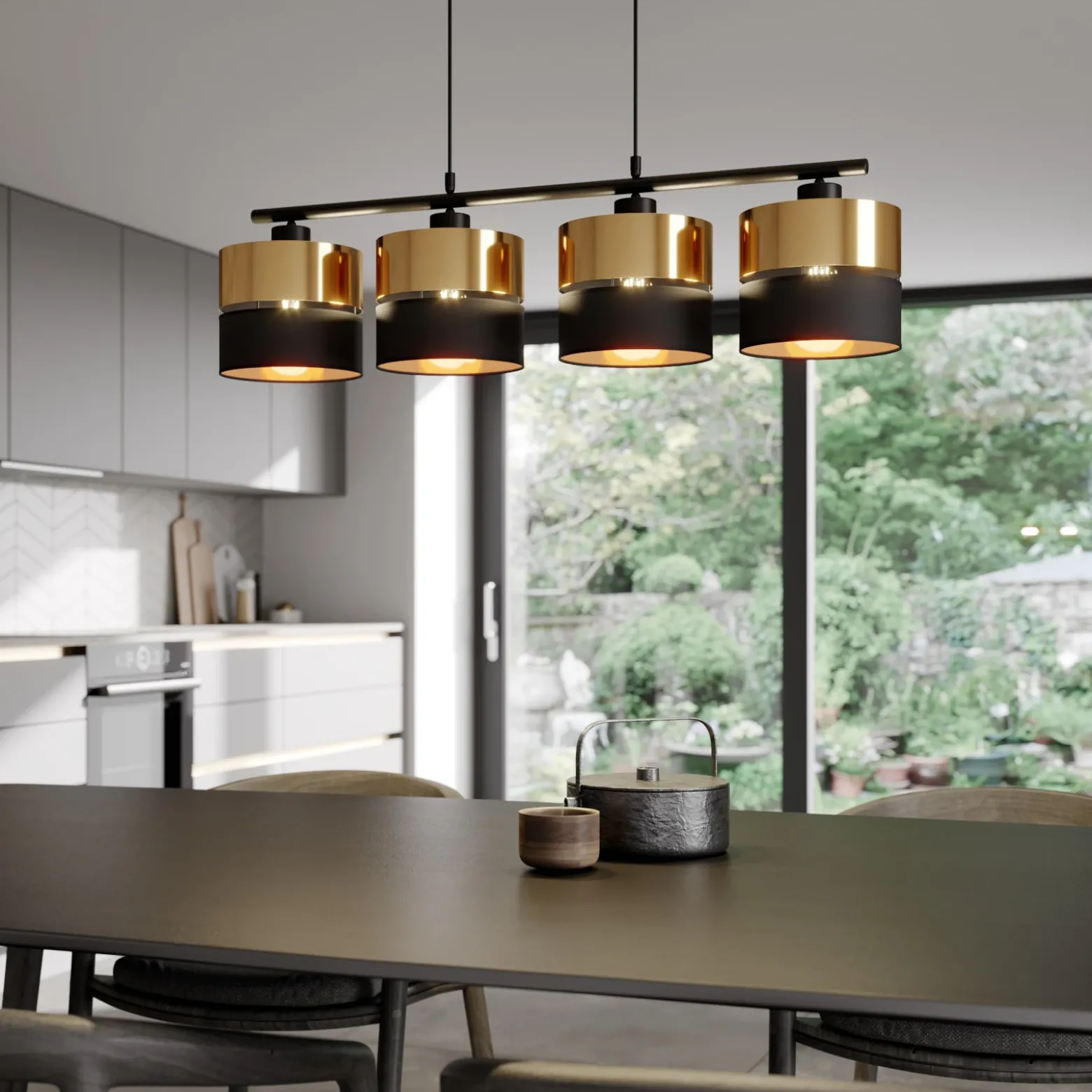 Lámpara colgante Hilton, negro/dorado, 4 luces
