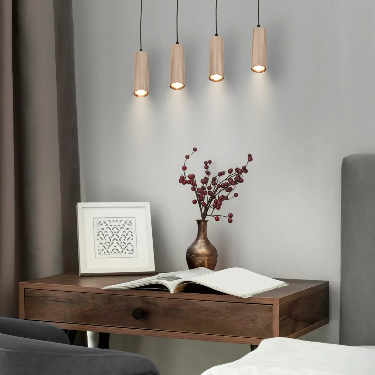 Lámpara colgante Ida, beige, 4 luces, longitud 76 cm, GU10