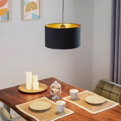 Lámpara colgante Jari con pantalla de tela, 1 luz, negro y dorado