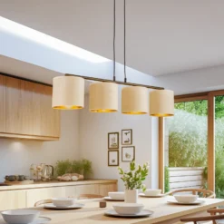 Lámpara colgante Jari pantalla de tela 4 luces larga, blanco-dorado