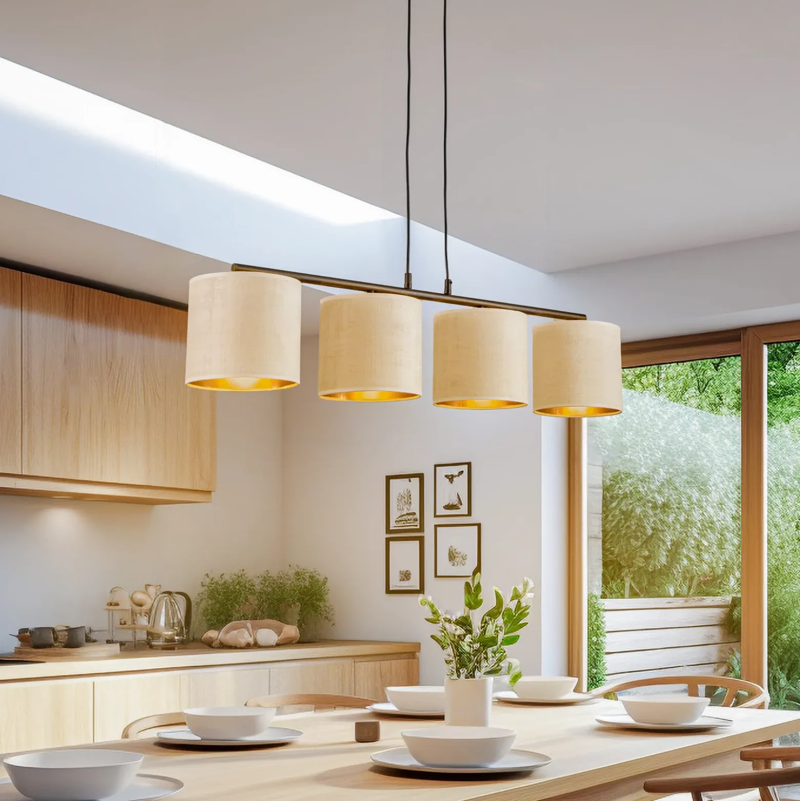 Lámpara colgante Jari pantalla de tela 4 luces larga, blanco-dorado
