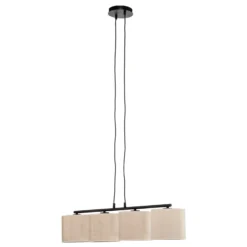 Lámpara colgante Jari pantalla de tela 4 luces larga, blanco-dorado