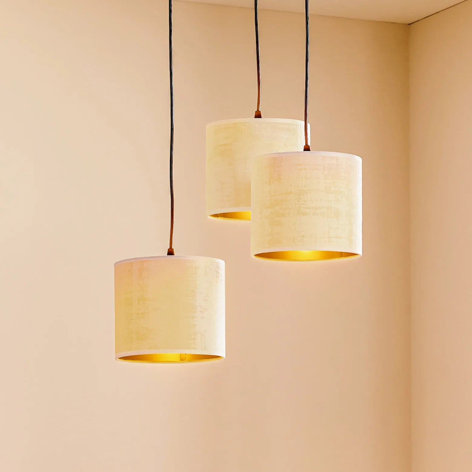 Lámpara colgante Jari pantalla de tela 3 luces redonda blanco-dorado