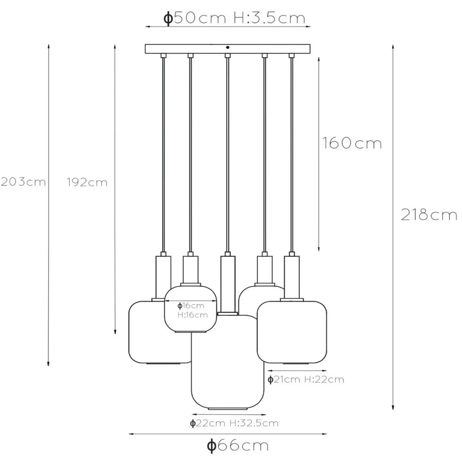 Lámpara colgante Joanet con vidrio humo, 5 luces