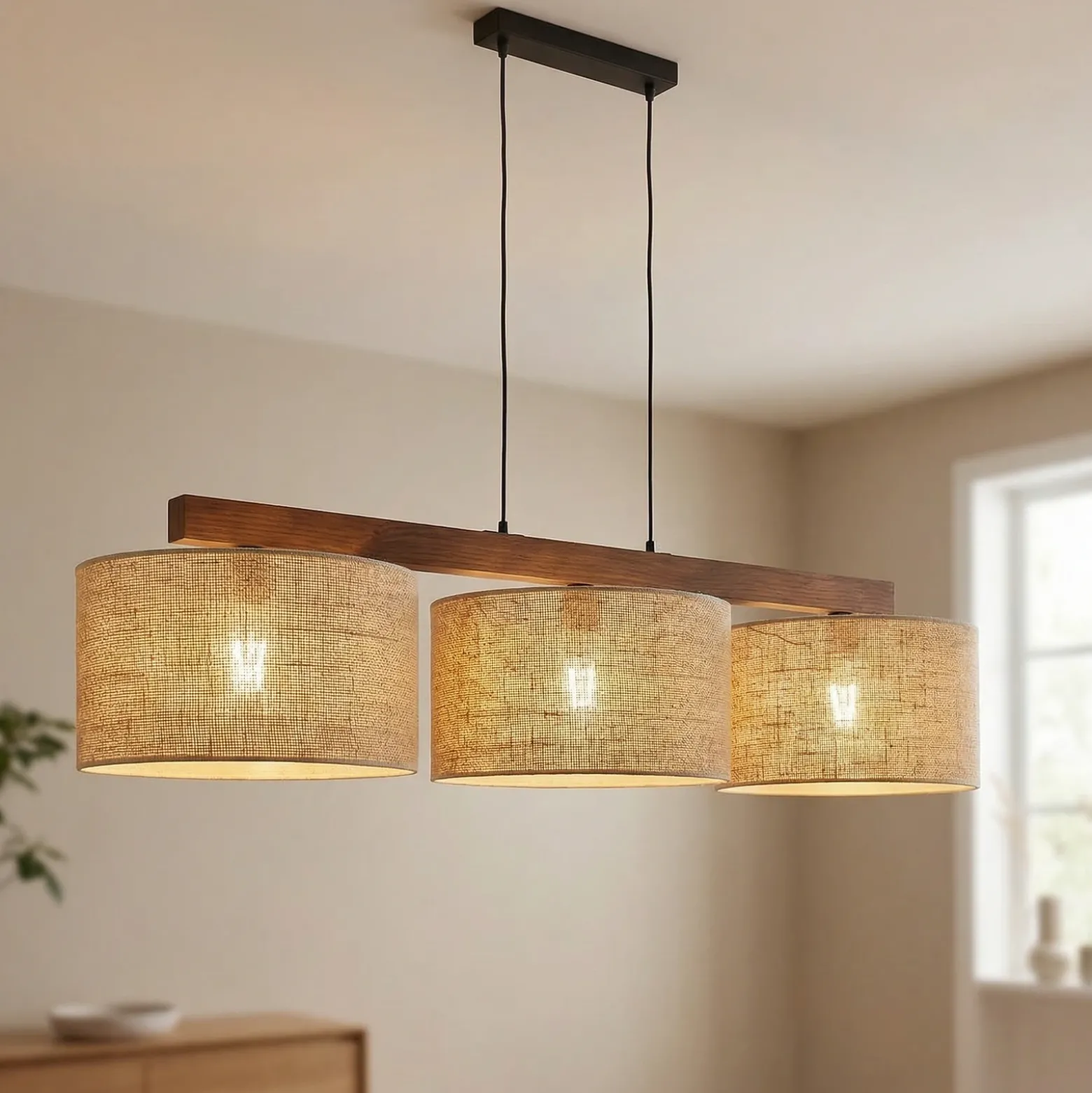 Lámpara colgante Juta, 3 luces, lineal