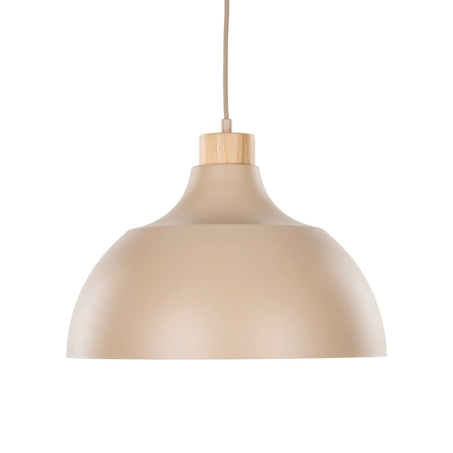 Lámpara colgante Kaitt de Envostar, color arena, Ø 34 cm, detalle de madera