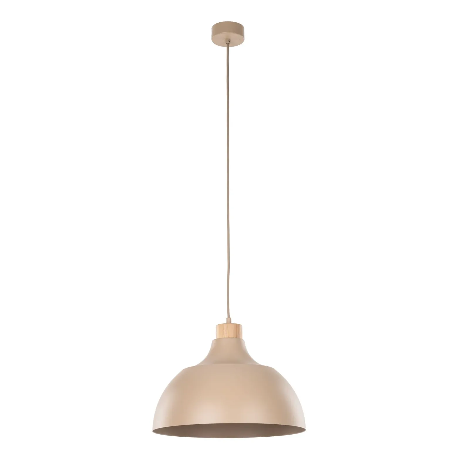 Lámpara colgante Kaitt de Envostar, color arena, Ø 34 cm, detalle de madera
