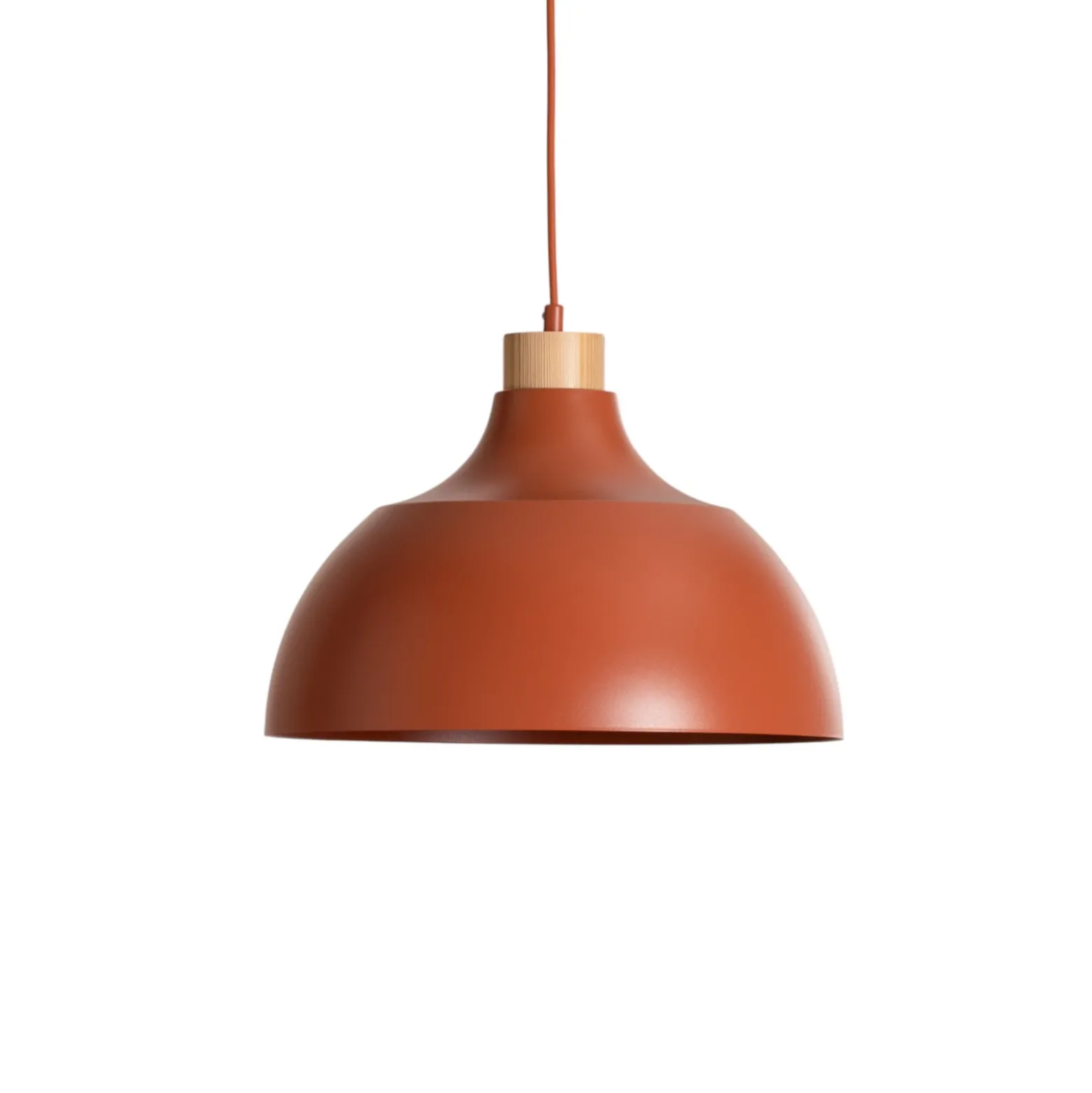 Lámpara colgante Kaitt, rojo teja, Ø 34 cm, detalle de madera