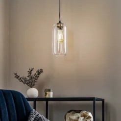 Lámpara colgante Kaja con pantalla de cristal larga, transparente