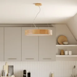 Lámpara colgante Kerio, Ø 47 cm, madera de roble