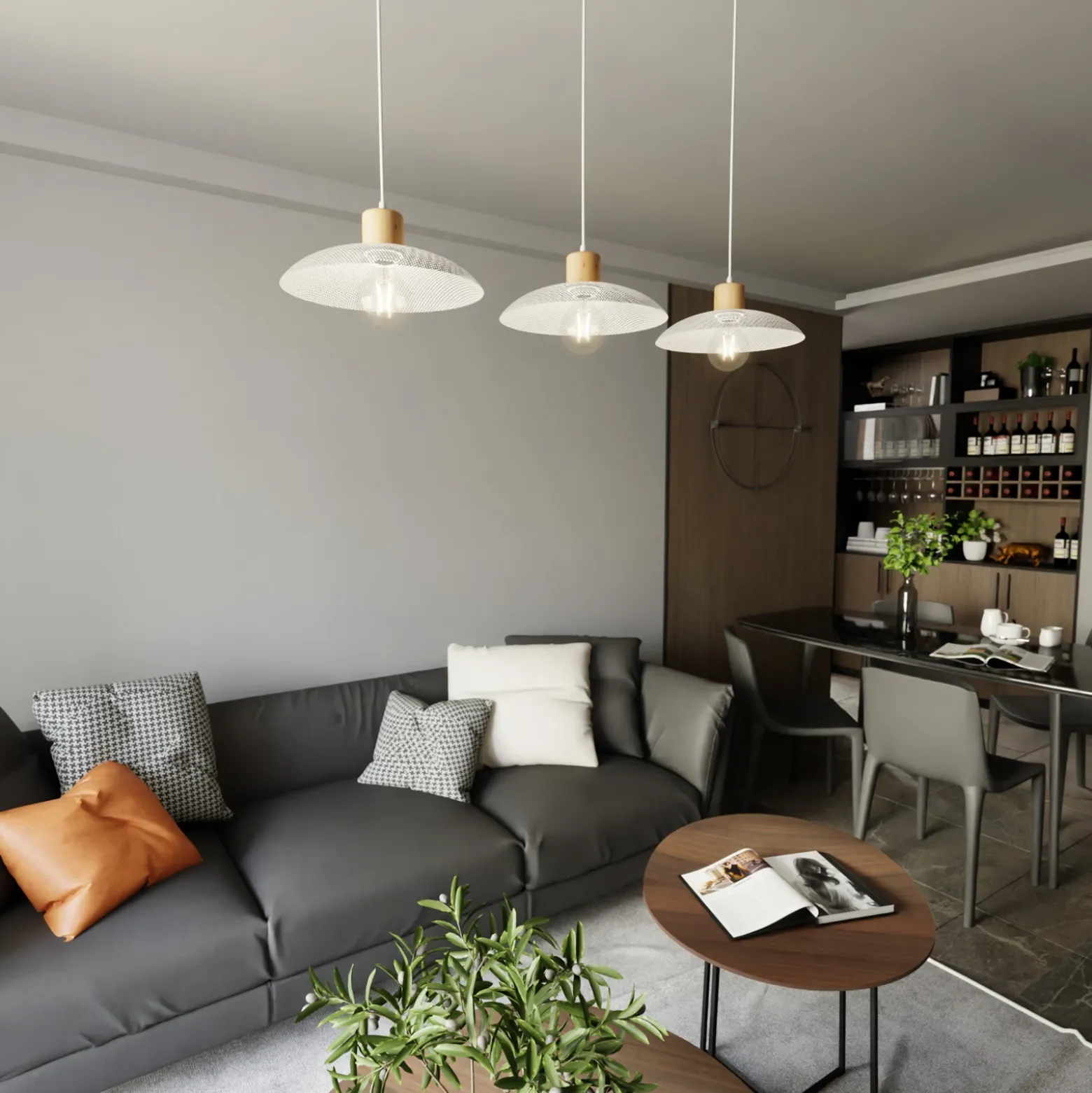 Lámpara colgante Kobe, 3 luces, acero, madera, blanco
