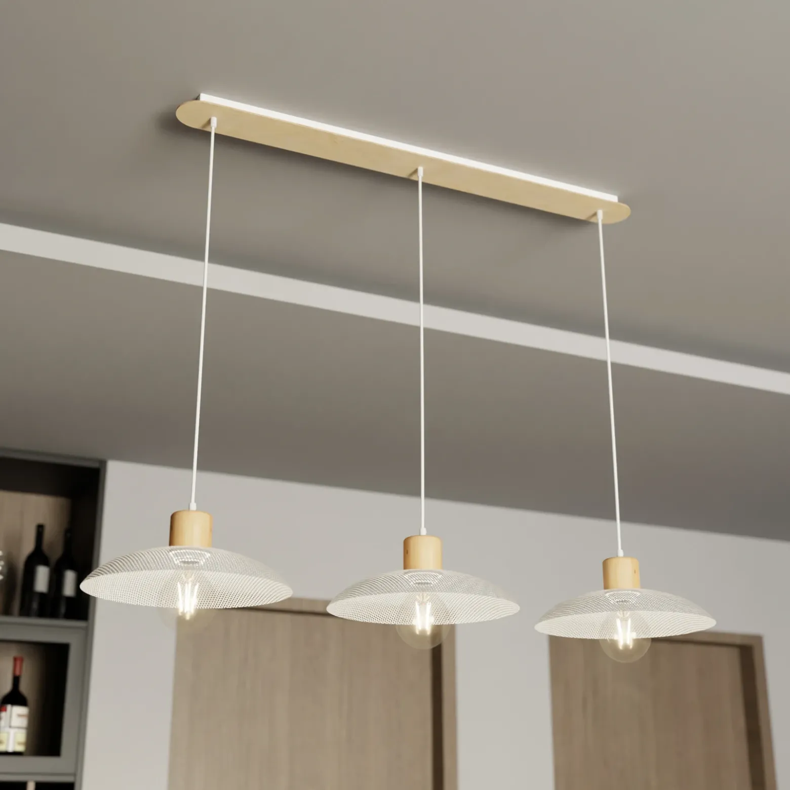 Lámpara colgante Kobe, 3 luces, acero, madera, blanco