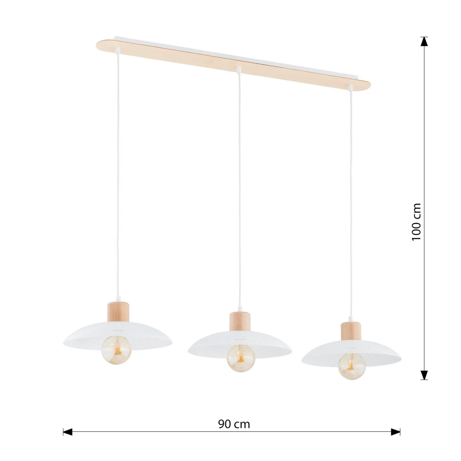 Lámpara colgante Kobe, 3 luces, acero, madera, blanco