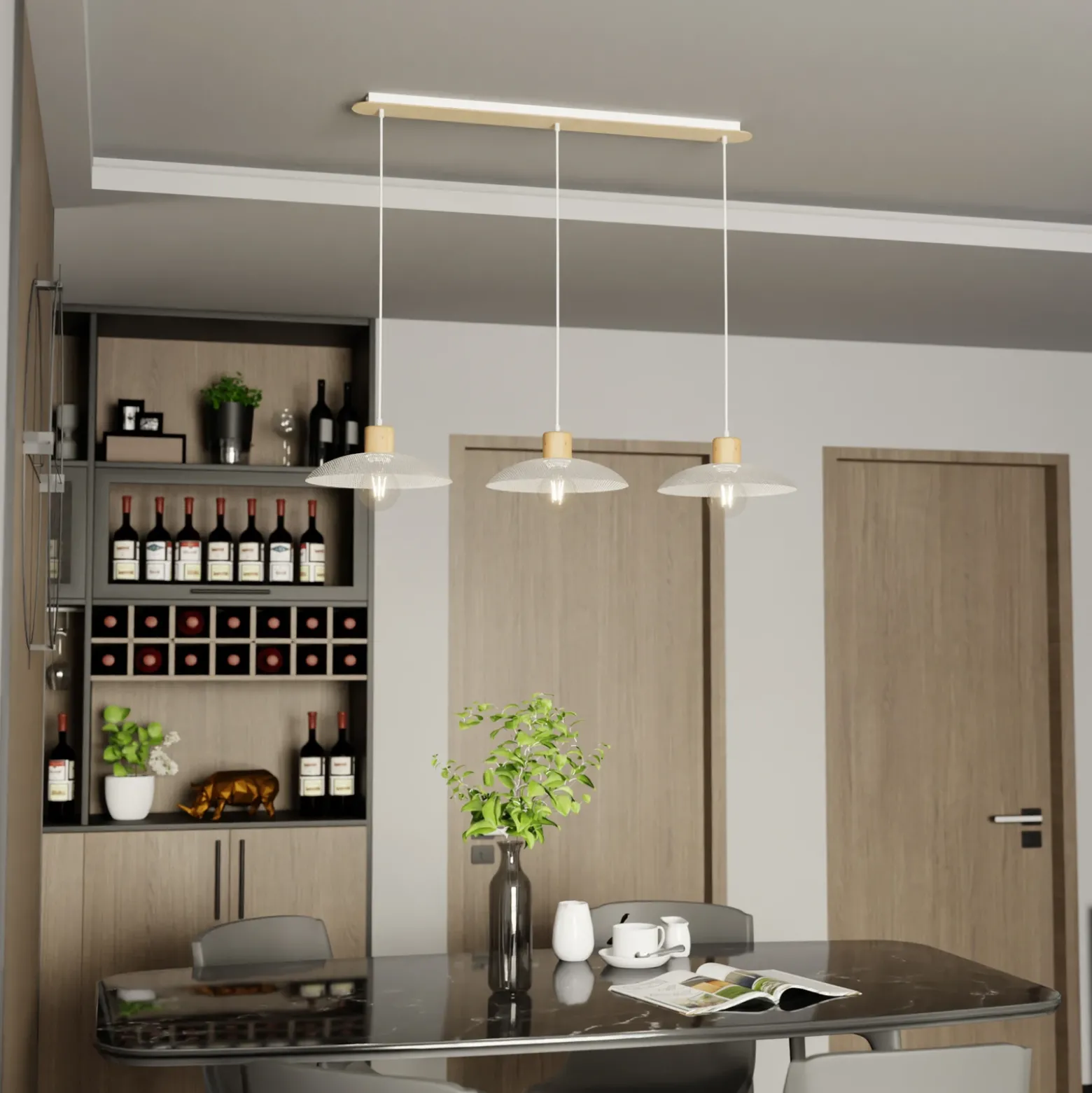 Lámpara colgante Kobe, 3 luces, acero, madera, blanco