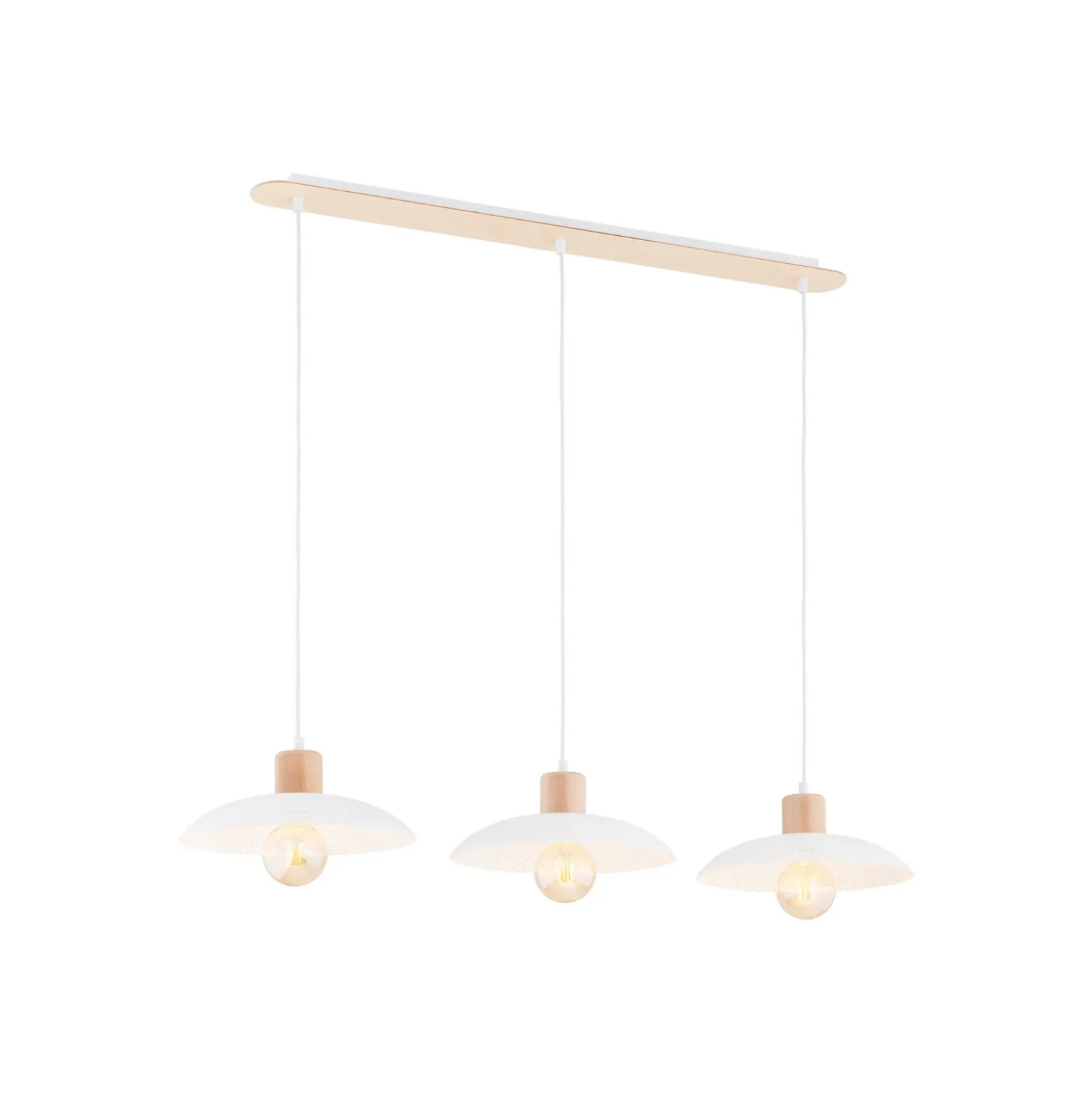 Lámpara colgante Kobe, 3 luces, acero, madera, blanco