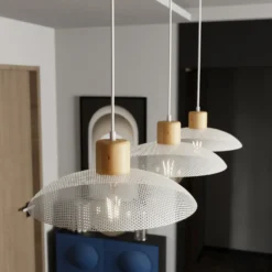 Lámpara colgante Kobe, 3 luces, acero, madera, blanco
