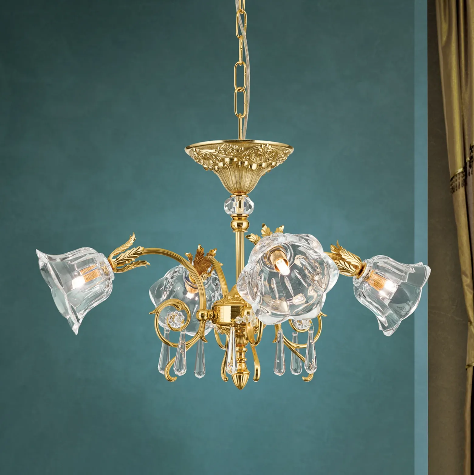 Lámpara colgante La Boheme, dorada, 4 luces, cristal