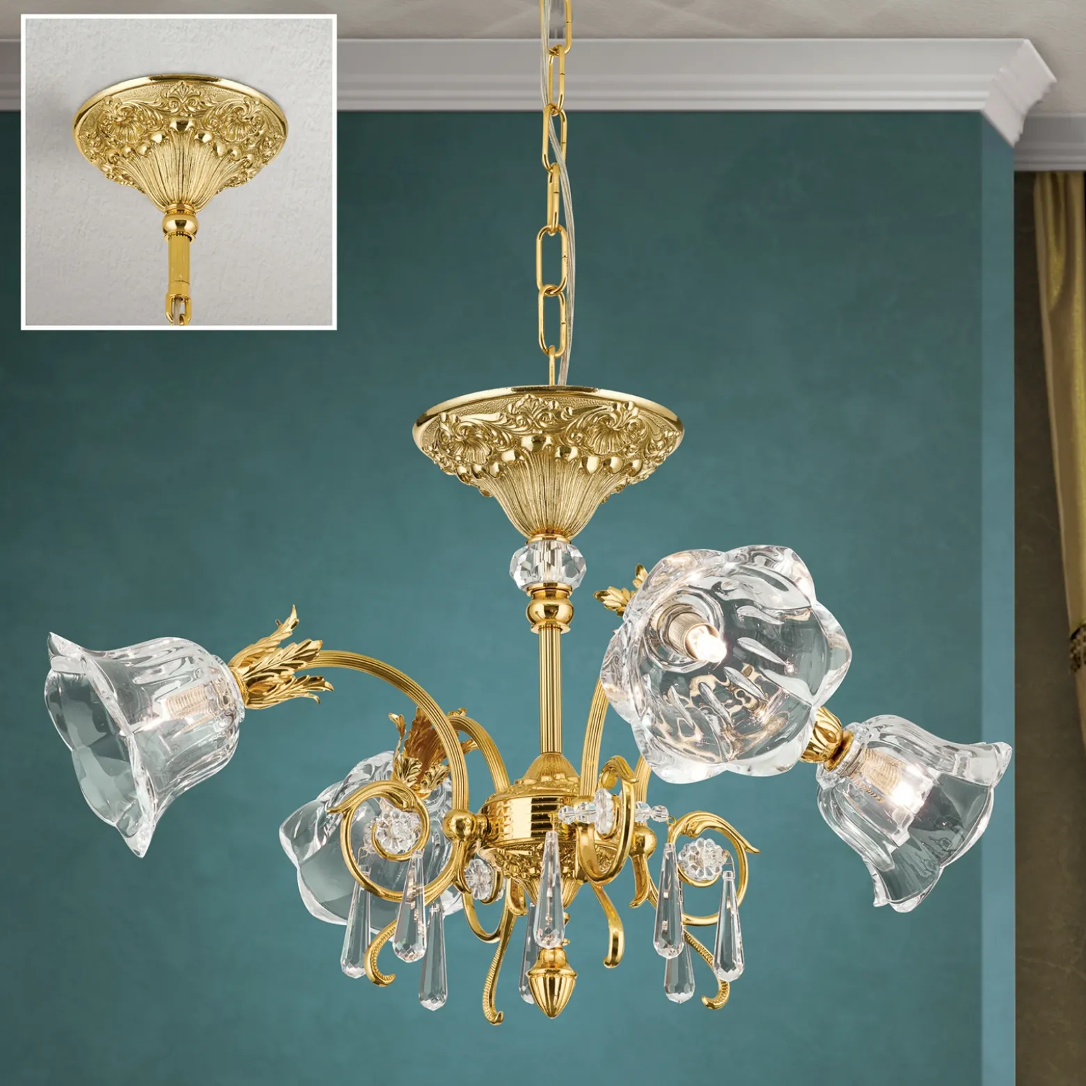 Lámpara colgante La Boheme, dorada, 4 luces, cristal