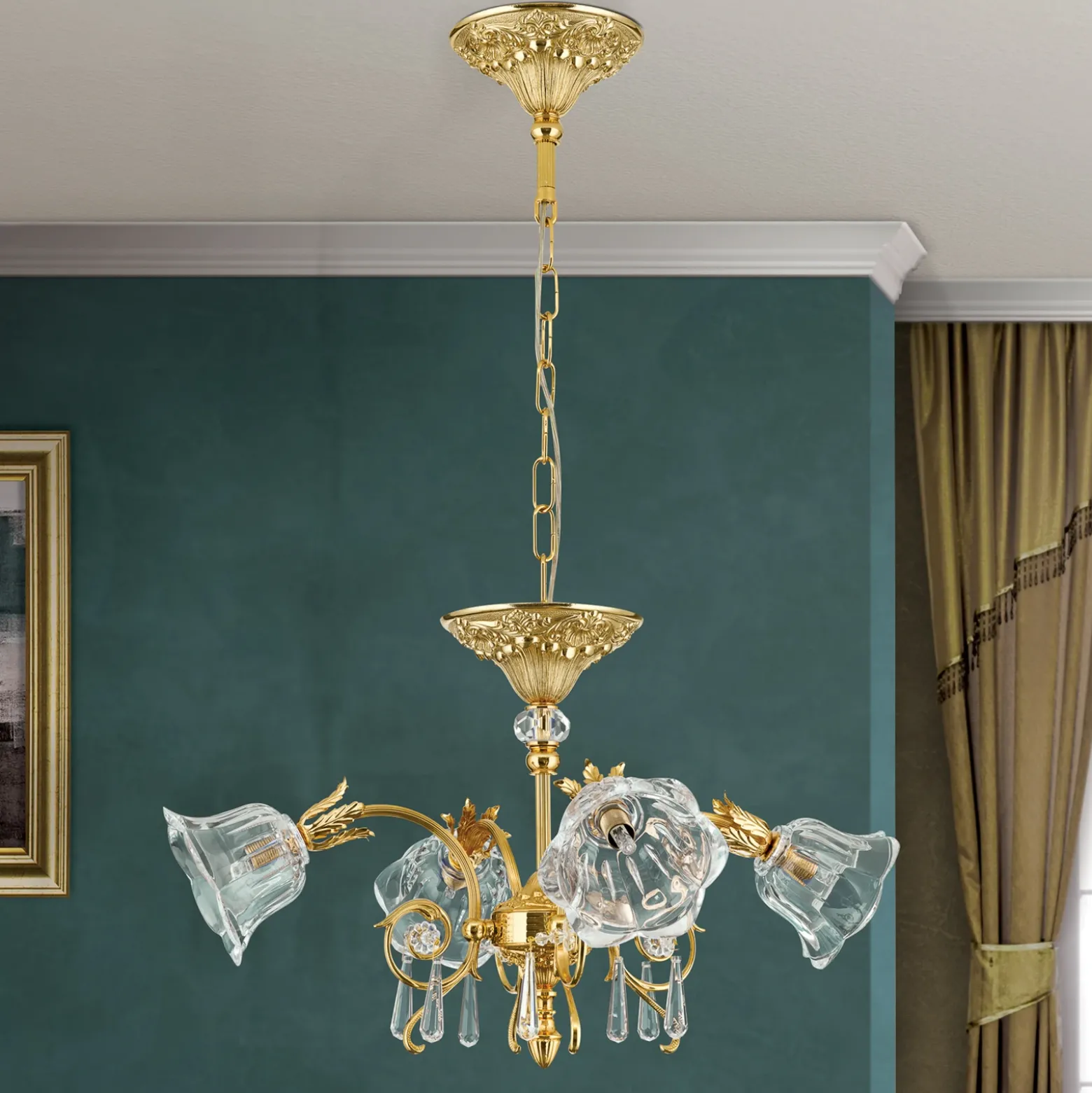 Lámpara colgante La Boheme, dorada, 4 luces, cristal