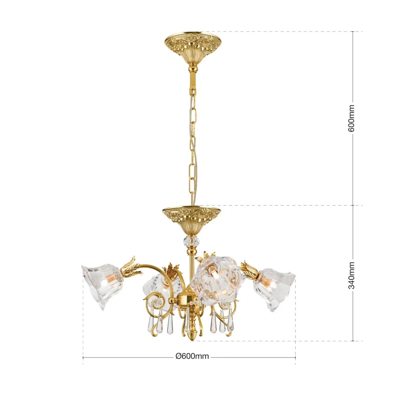 Lámpara colgante La Boheme, dorada, 4 luces, cristal