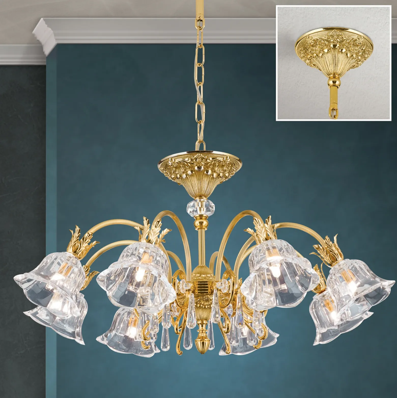 Lámpara colgante La Boheme, dorada, 8 luces, cristal