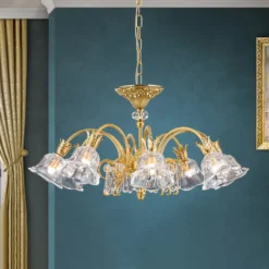 Lámpara colgante La Boheme, dorada, 8 luces, cristal