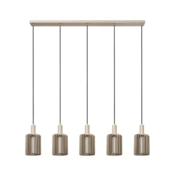Lámpara colgante Lambres, color topo, longitud 164 cm, cristal/metal, 5 luces.