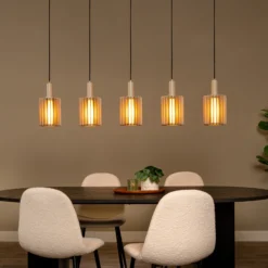 Lámpara colgante Lambres, color topo, longitud 164 cm, cristal/metal, 5 luces.