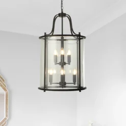 Lámpara colgante Lantern Grande, negra/clara, cristal, E14