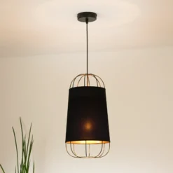 Lámpara colgante Lantern pequeña, textil, metal, negro