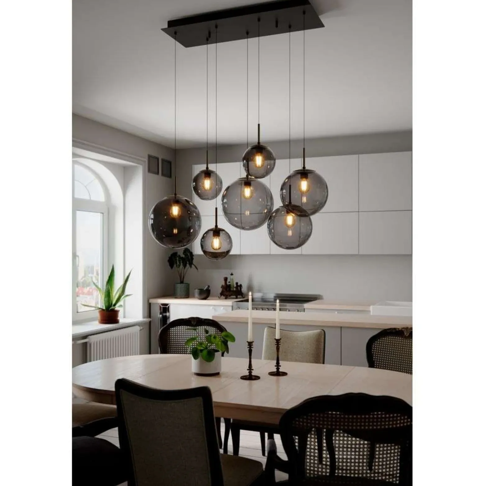 Lámpara colgante Laura de Rydens, longitud 86 cm, 7 luces, gris humo