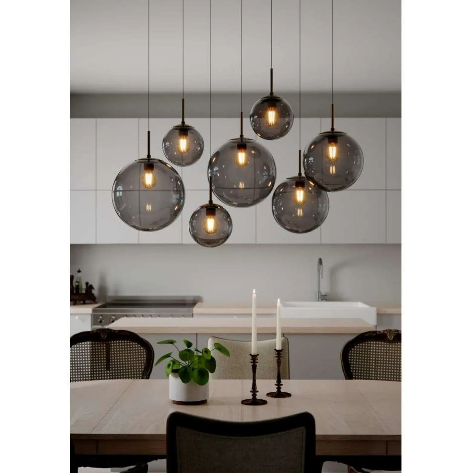 Lámpara colgante Laura de Rydens, longitud 86 cm, 7 luces, gris humo