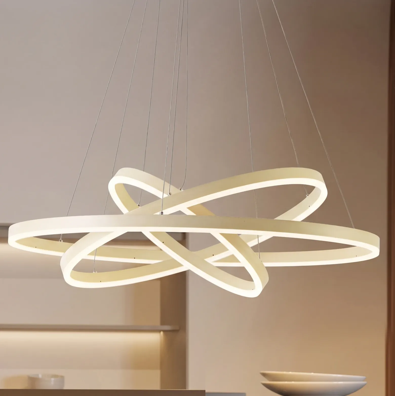 Lámpara colgante LED Albiona de Arcchio, color beige, 3 anillos, Ø 80 cm