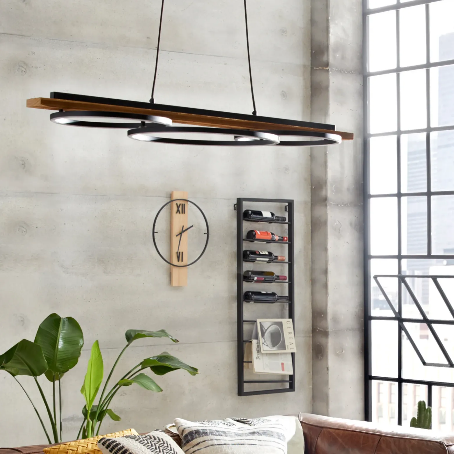 Lámpara colgante LED Boyal, marrón, longitud 101 cm, madera, 3 luces.